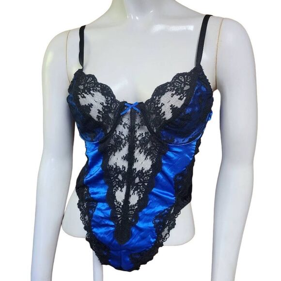 Vintage Colesce Collection Blue & Black Satin & Lace Teddy (M) - Picture 2 of 5
